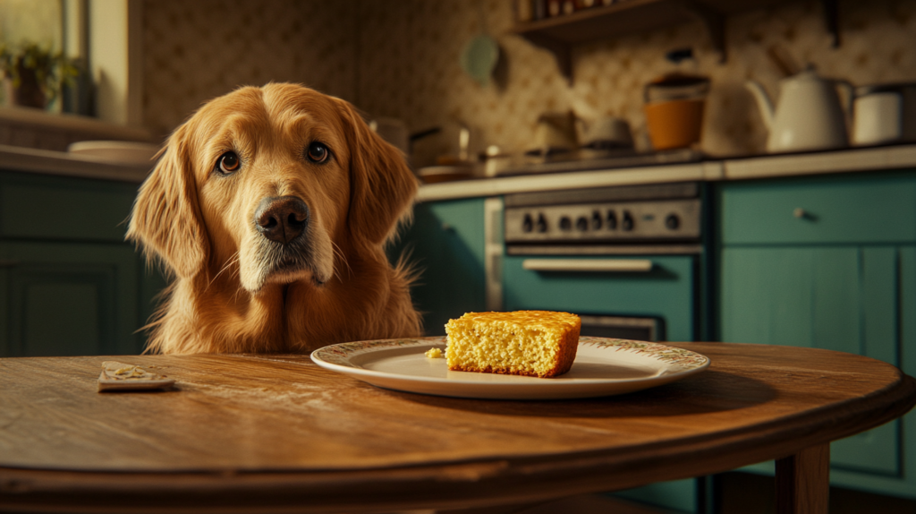 A dog looking at a slice of cornbread on a plate.