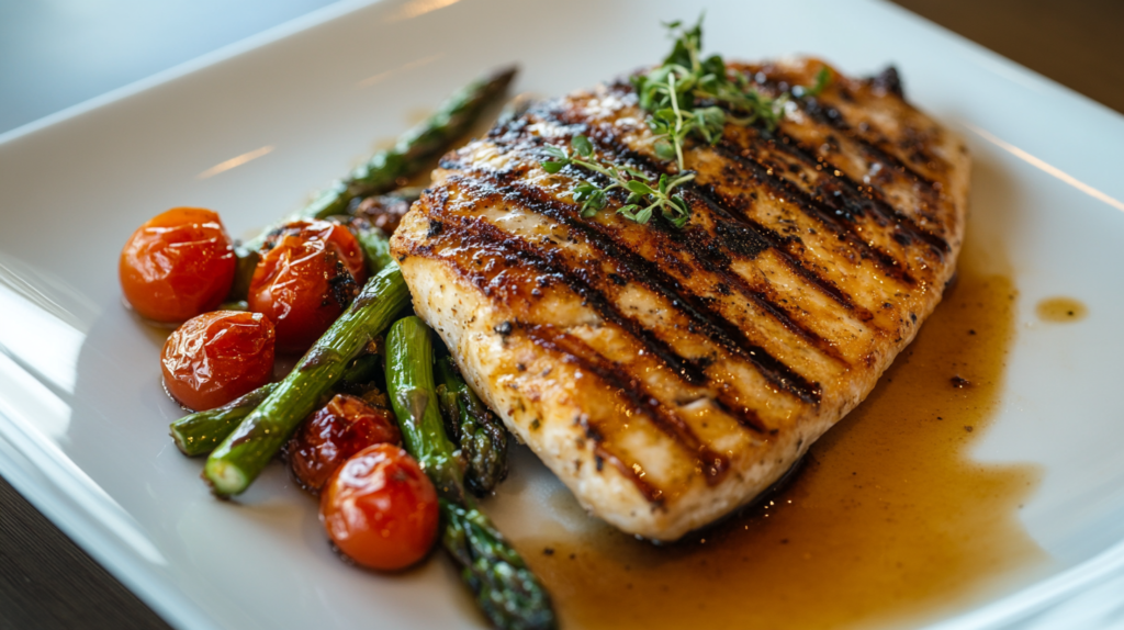 Grilled steelhead trout fillet on a white plate with roasted vegetables.