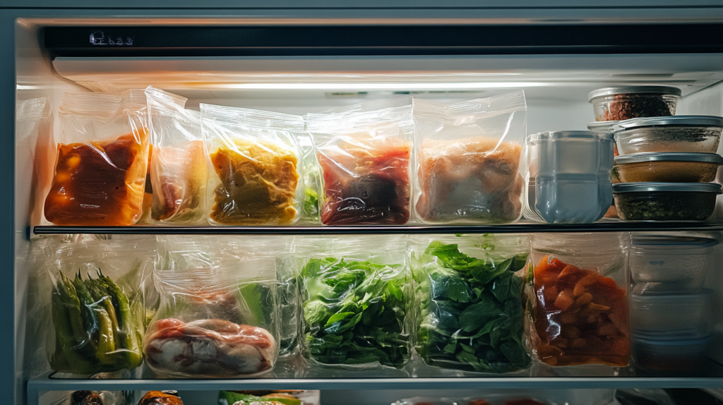 A refrigerator shelf with sous vide food in vacuum