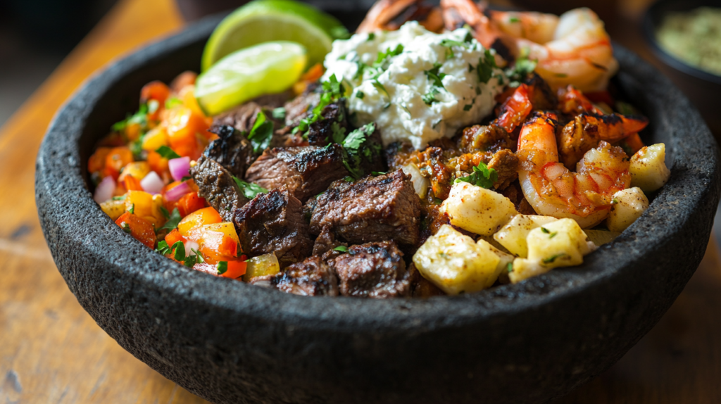 A sizzling molcajete dish served in a volcanic stone bowl