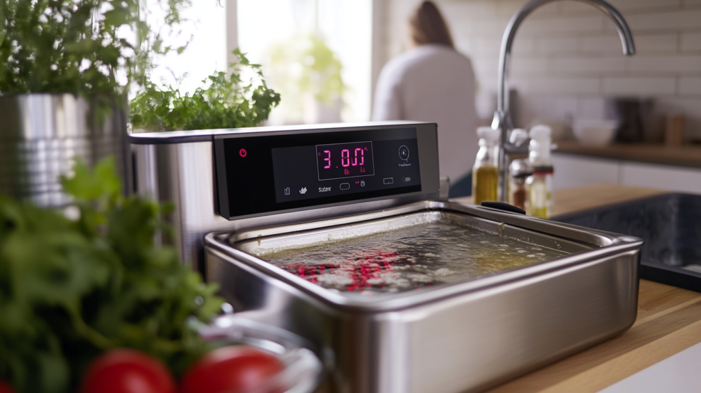 A sous vide machine displaying an error code on its digital screen, the water bath appearing still and improperly heated.