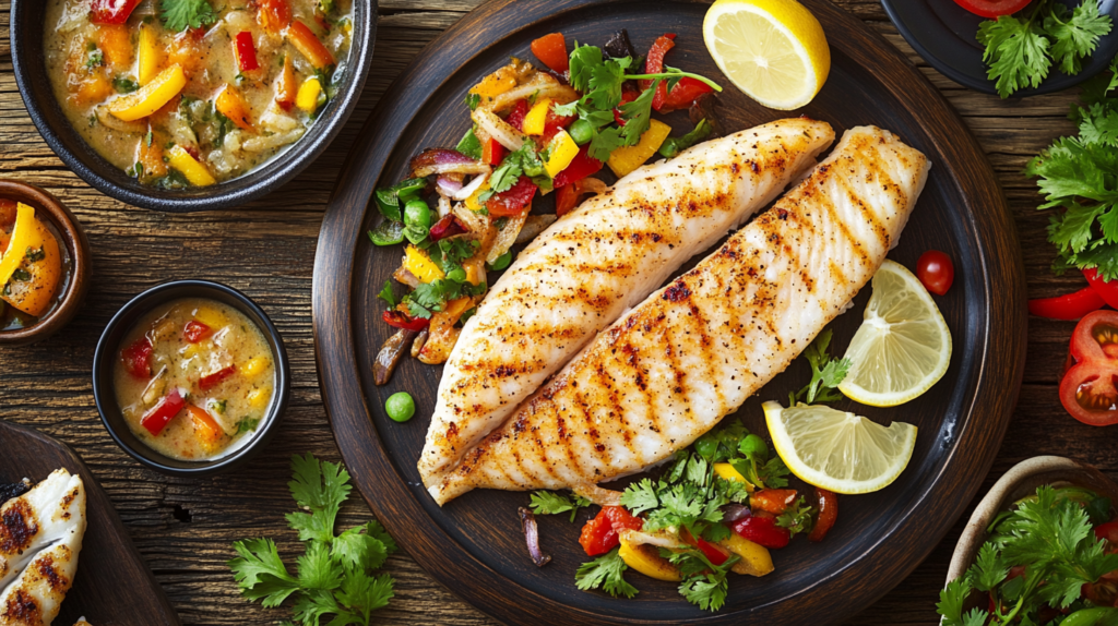 A variety of rockfish dishes displayed on a wooden table