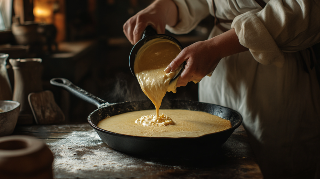 Cornbread batter being poured into a skillet.