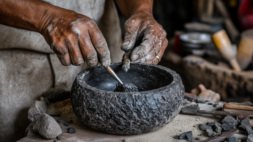 Mexican artisan carving a molcajete by hand