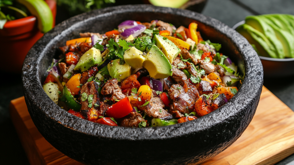 A fully assembled molcajete dish with meats and vegetables