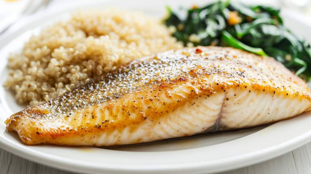 Baked steelhead trout fillet on a plate with quinoa and sautéed spinach.