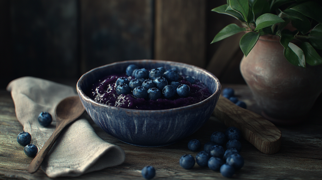 A bowl of homemade blueberry compote next to fresh blueberries and a spoon.