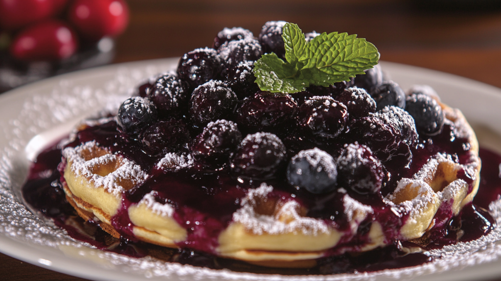 Blueberry compote drizzled over pancakes and waffles.