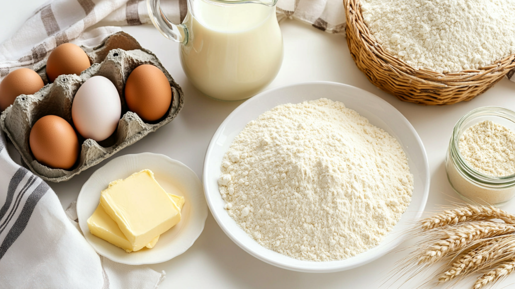 Ingredients for making brioche: flour, butter, eggs, milk, and yeast