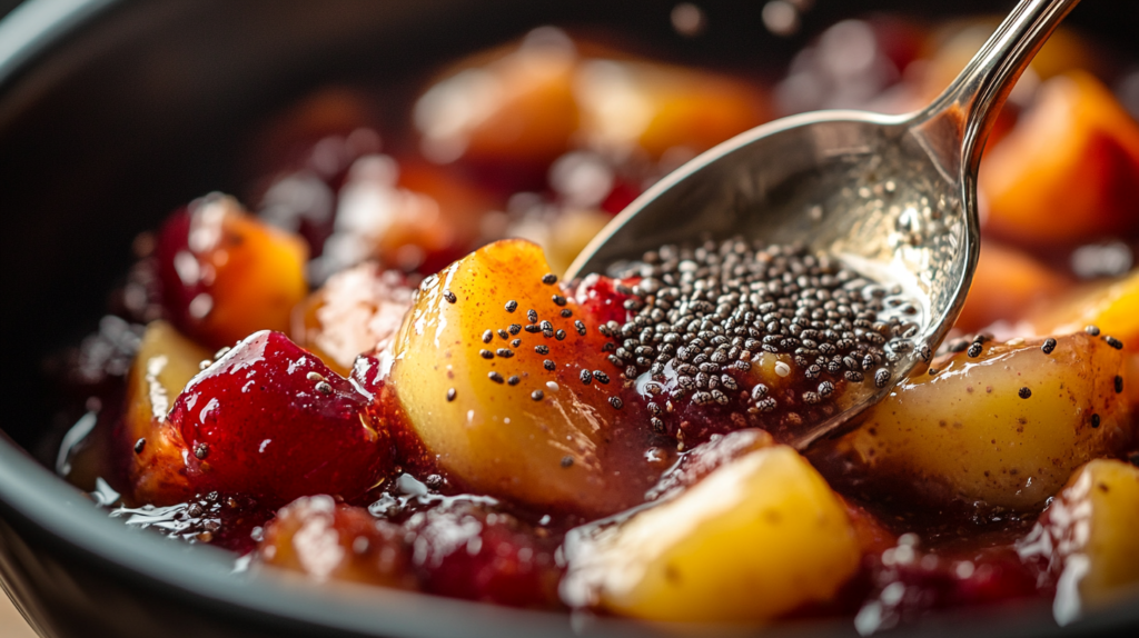 Chia seeds sprinkled over fruit compote.