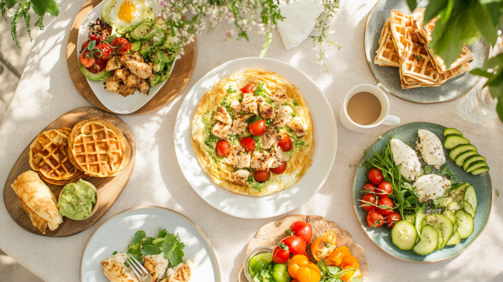 Assortment of chicken breakfast recipes on a table