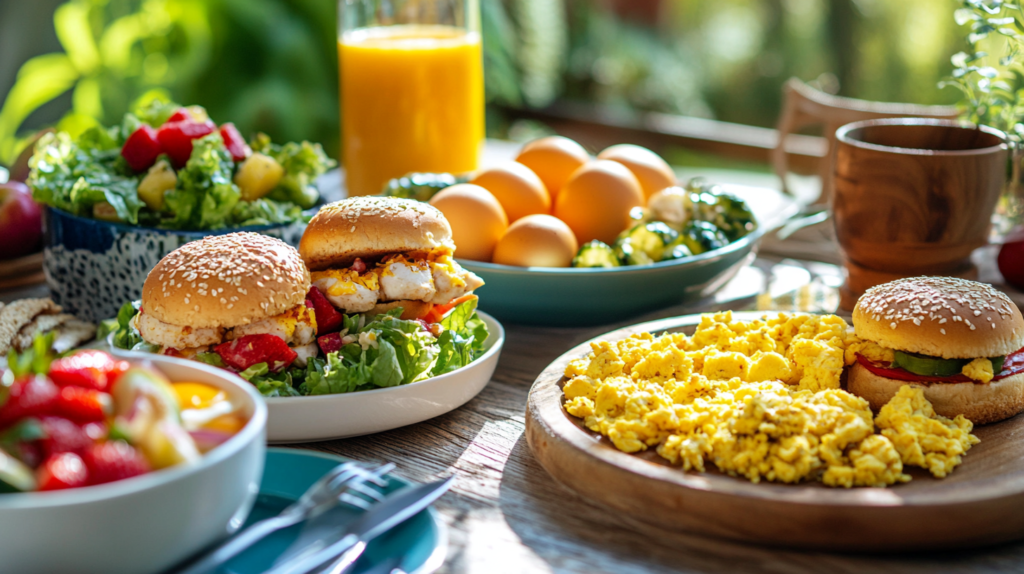 Small chicken sliders with scrambled eggs and fresh fruit.