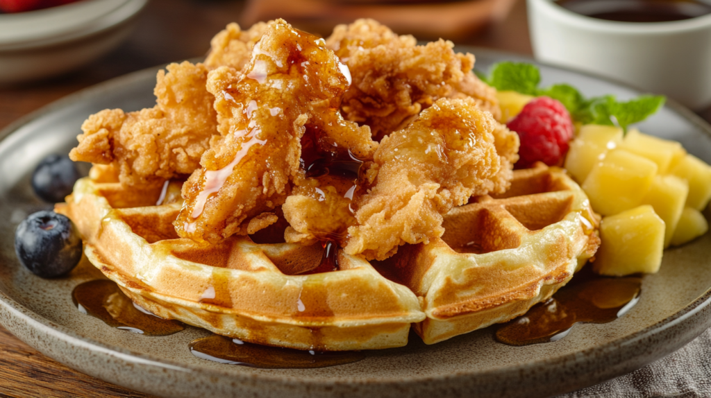 Chicken waffles with maple syrup