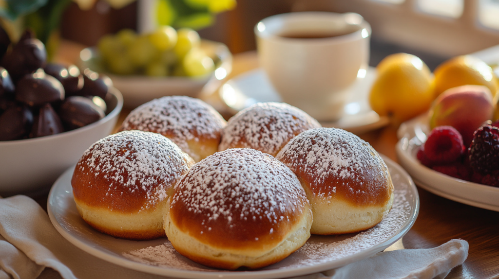 Chocolate-filled brioche buns with a dusting of powdered sugar