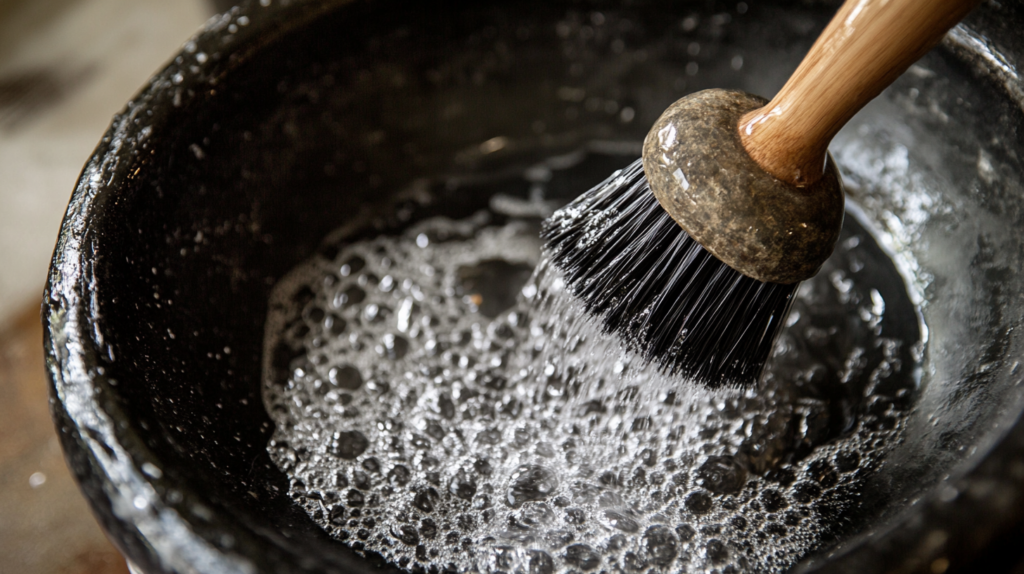 Scrubbing a molcajete with a natural bristle brush under running water