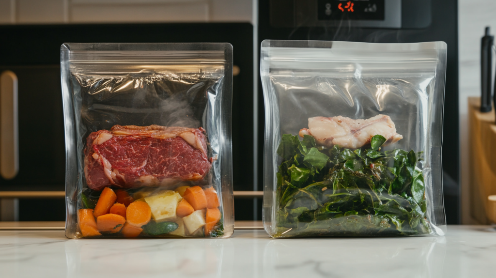 one sous vide bag containing perfectly cooked steak and vegetables, and another bag with wilted greens and broken fish