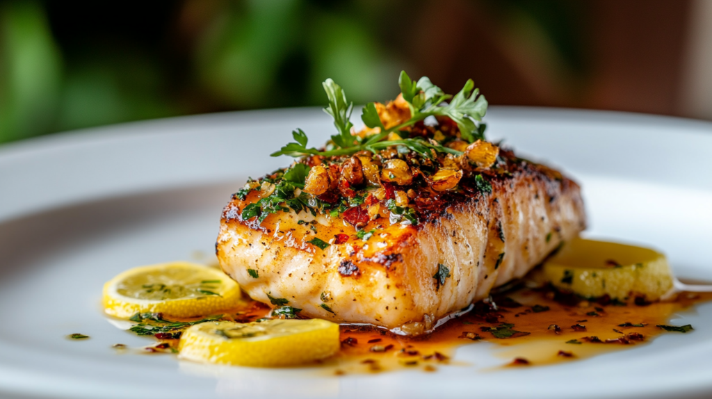 A beautifully cooked rockfish fillet with herbs and lemon