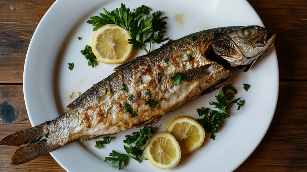 Rockfish fillet on a plate surrounded by fresh herbs and lemon slices.