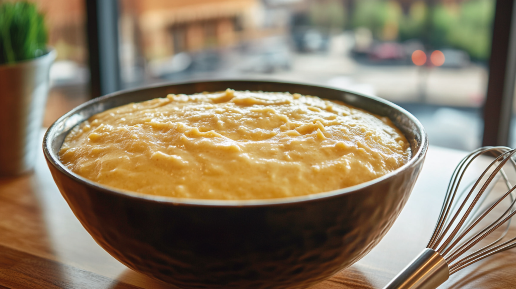 Cornbread batter in a bowl with a whisk beside it, ready for resting.