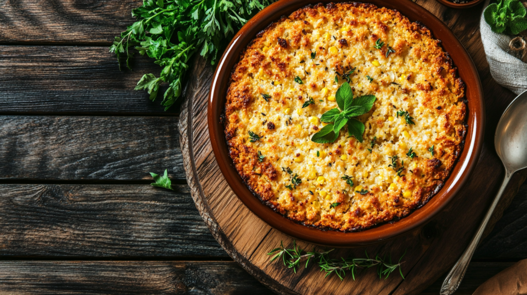 Cornbread stuffing served in a casserole dish.