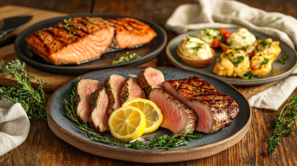 A variety of cooked sous vide dishes including steak, chicken, salmon, and egg bites displayed together.