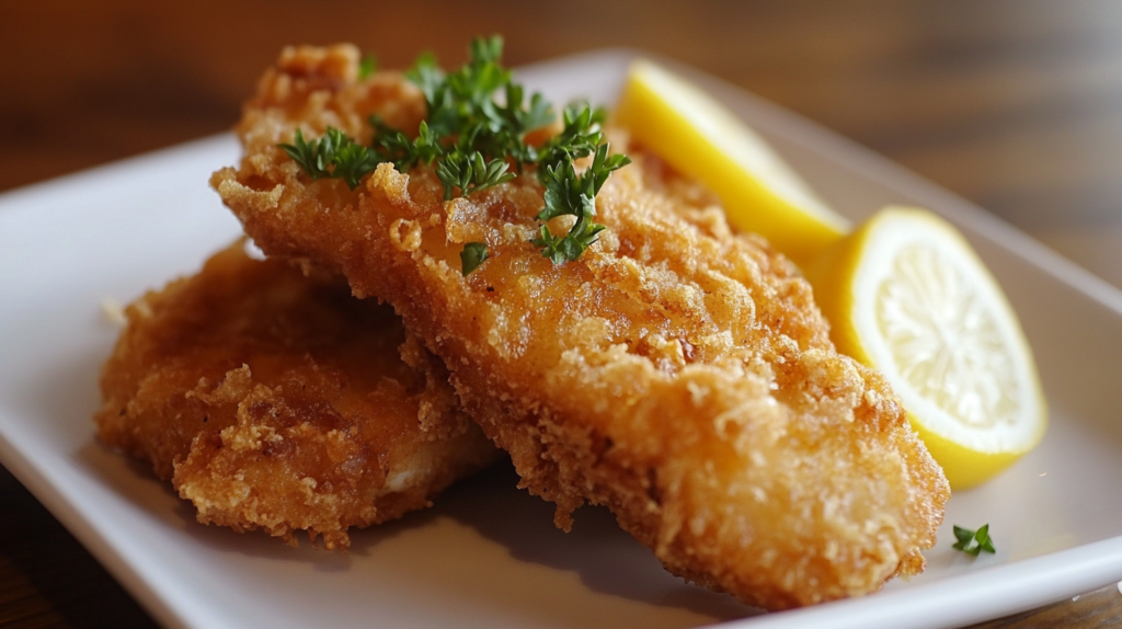 Crispy fried steelhead trout fillet with lemon slices on a plate.