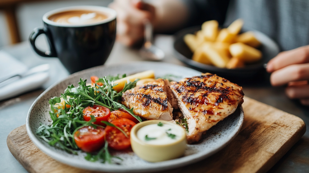 A person enjoying a meal with coffee on the side.