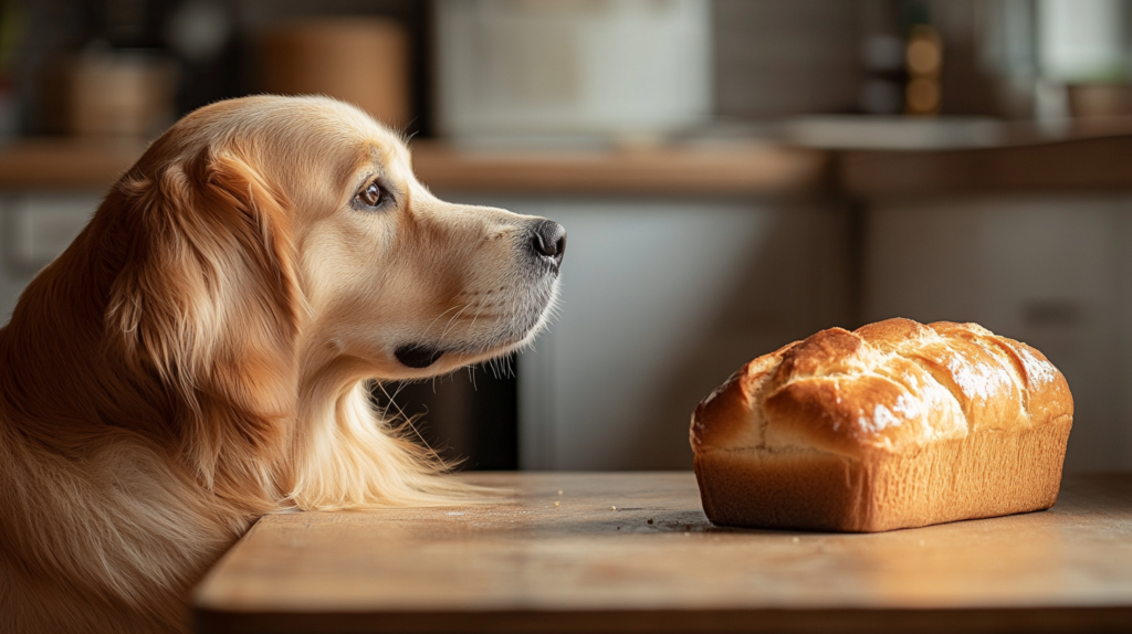 Dog looking at a loaf of brioche bread