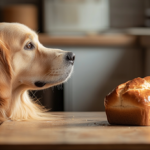 Dog looking at a loaf of brioche bread