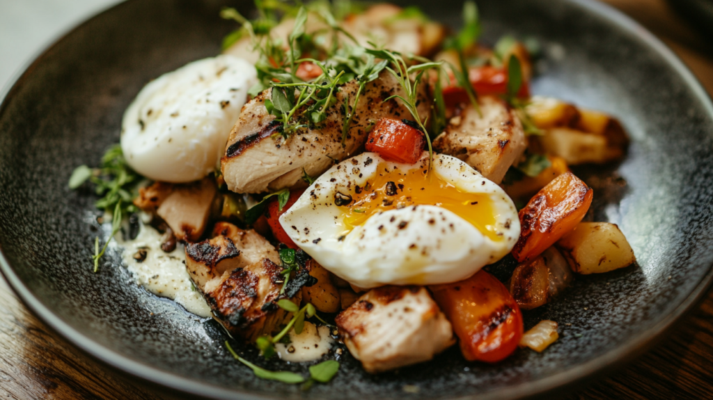 A beautifully plated dish featuring eggs and chicken in a gourmet presentation.