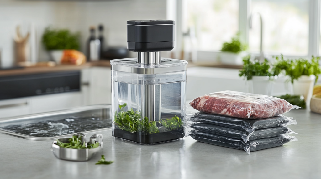 Sous vide tools including immersion circulator, vacuum sealer, and water bath container.