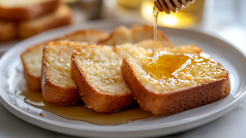 Slices of cornbread on a plate with honey drizzle.