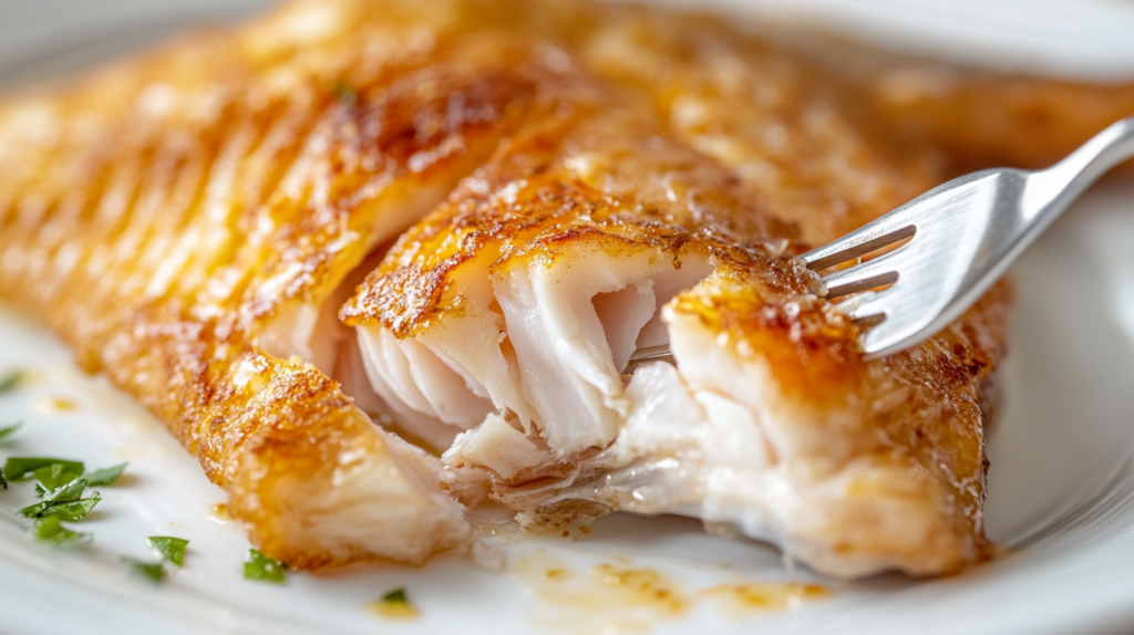 Fork flaking a piece of cooked rockfish.