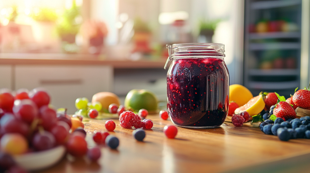 Glass jar of mixed berry compote on a wooden countertop with fresh fruits and a freezer in the background.