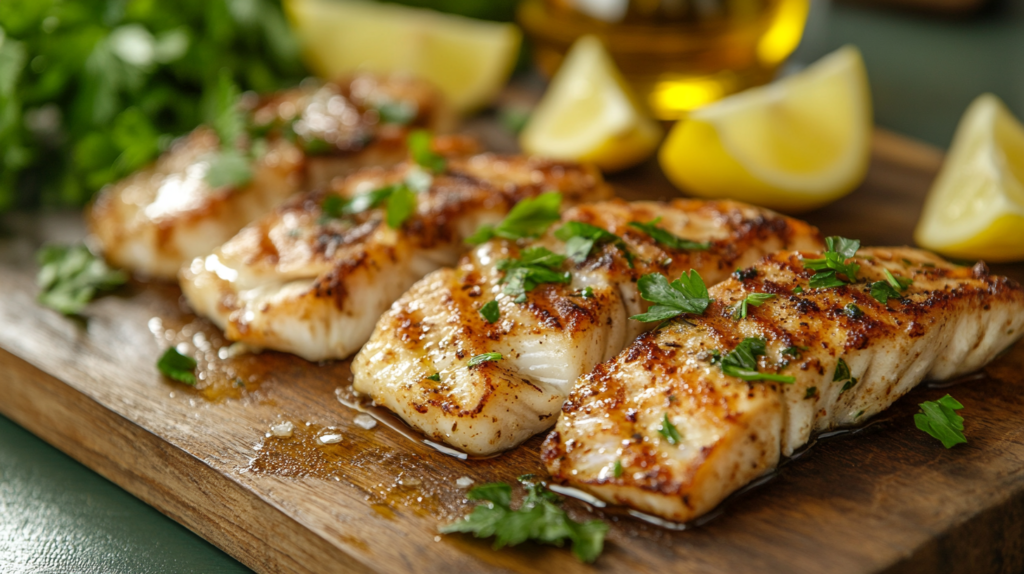 Fresh rockfish fillets on a wooden board with lemon and herbs