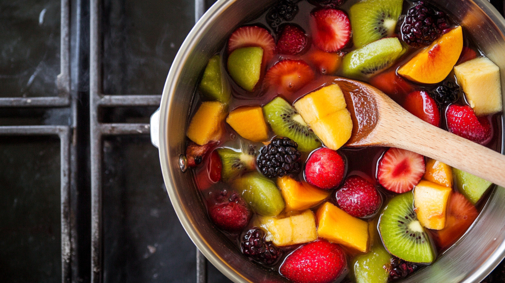 Fresh fruits simmering in a saucepan.