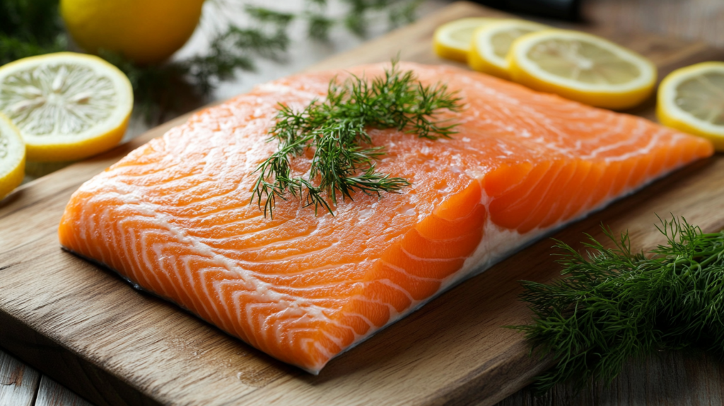 Fresh whole steelhead trout on a wooden cutting board with lemon slices and dill.