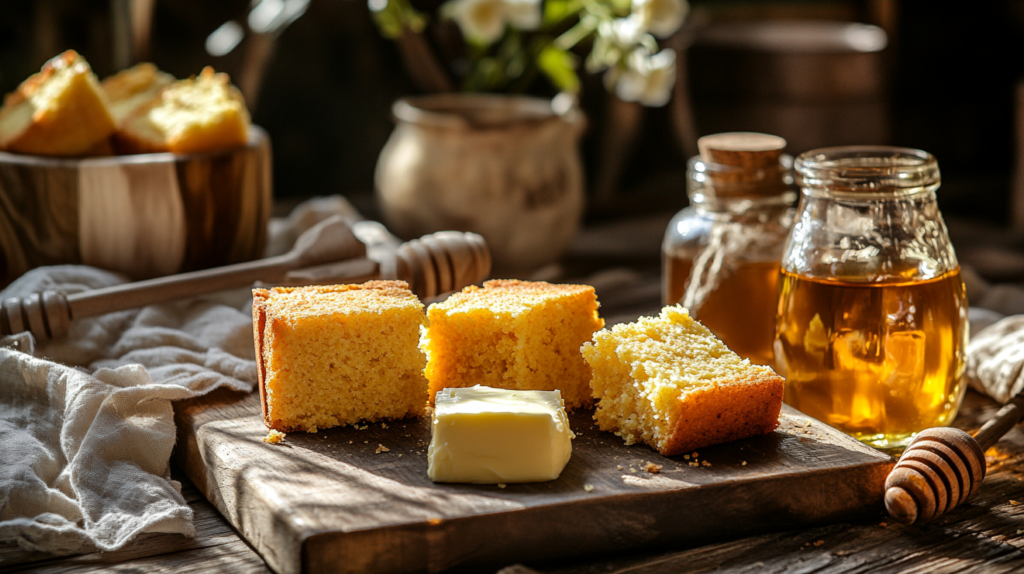 Freshly baked cornbread slices on a wooden cutting board.