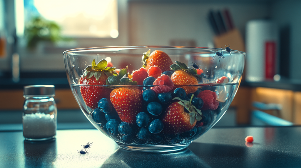 Fresh berries soaking in a bowl of water to remove bugs naturally.