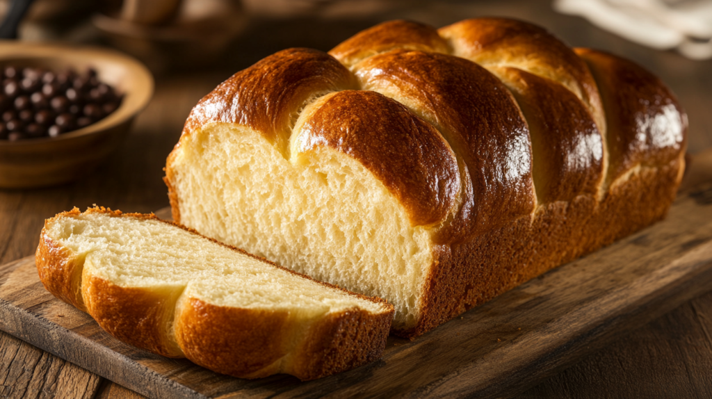 Freshly baked golden brioche loaf on a wooden cutting board