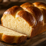 Freshly baked golden brioche loaf on a wooden cutting board