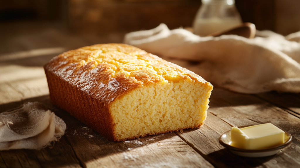 Cornbread made with heavy cream on a wooden plate.