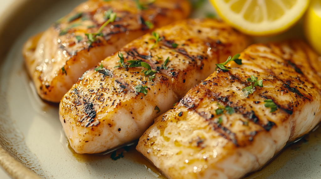 Freshly cooked rockfish fillets with lemon slices and herbs on a plate.