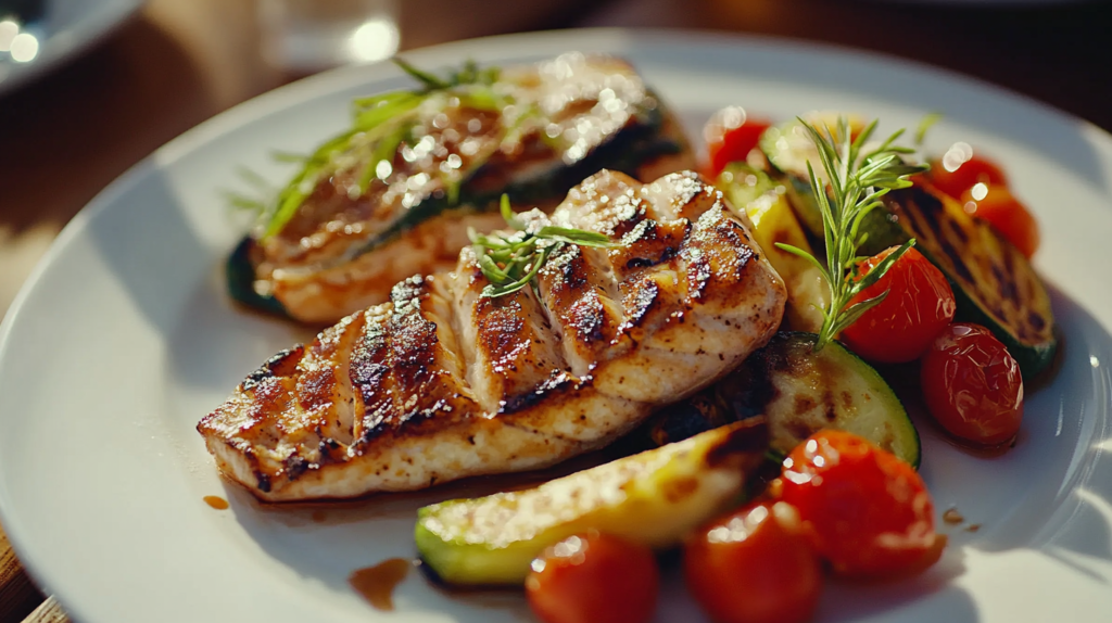 Grilled rockfish fillets with vegetables