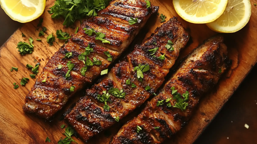 Grilled steelhead trout fillet with grill marks and fresh parsley on top.