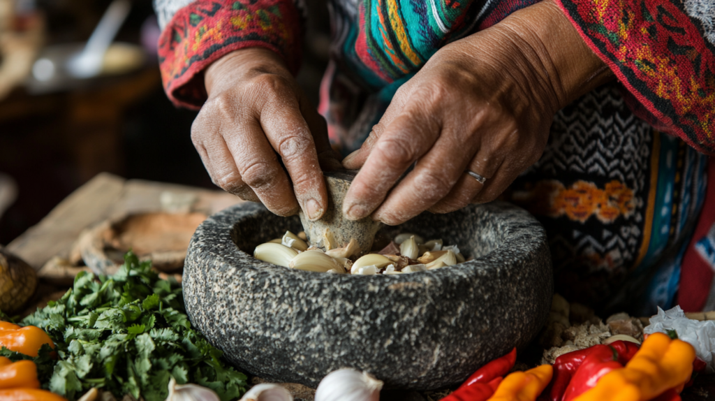 Person using a molcajete to grind ingredients.