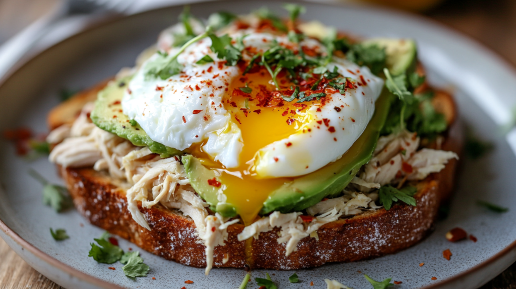 Chicken avocado toast with poached egg