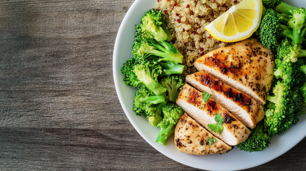 Balanced chicken meal with vegetables on a plate.