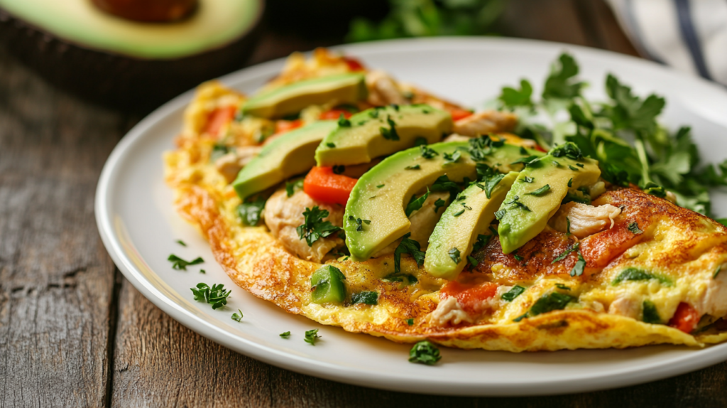 Chicken and vegetable omelet with avocado slices on the side.