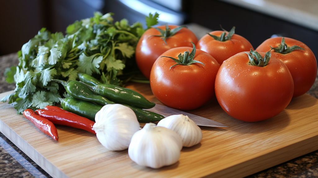 Fresh tomatoes, chiles, garlic, onion, and cilantro on a wooden board.